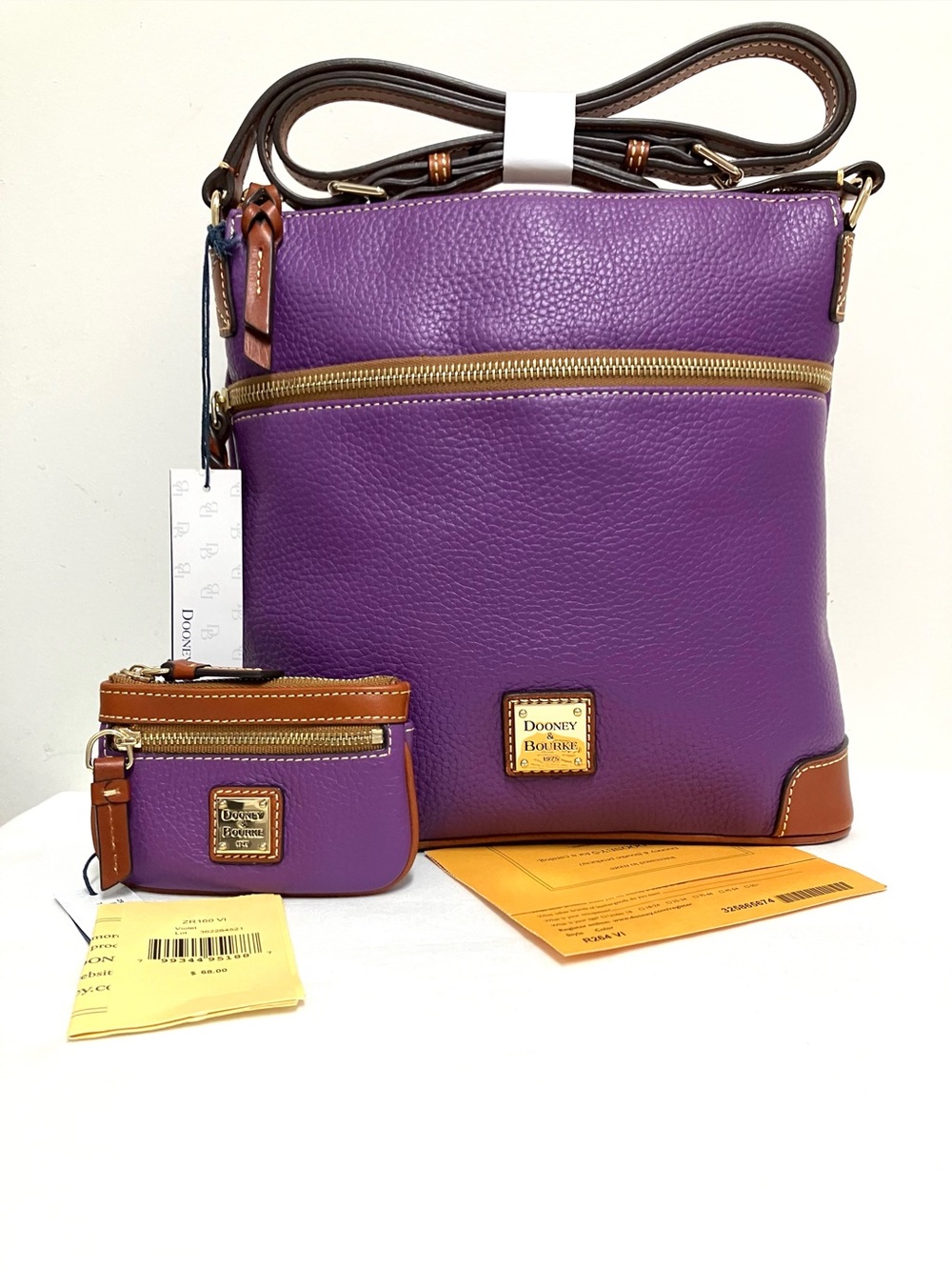 Dooney Bourke Pebble Leather Violet Crossbody/Shoulder Bag and Coin Case SET NWT